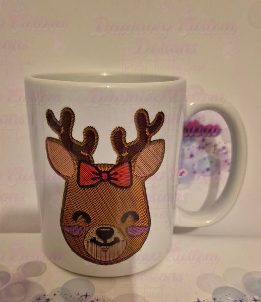 Faux Embroidey Effect Reindeer Mug