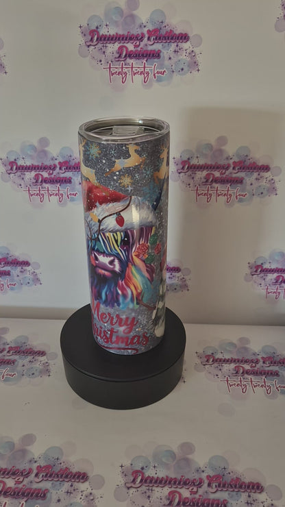 Christmas Themed 20oz Colourful Highland Cow Tumbler