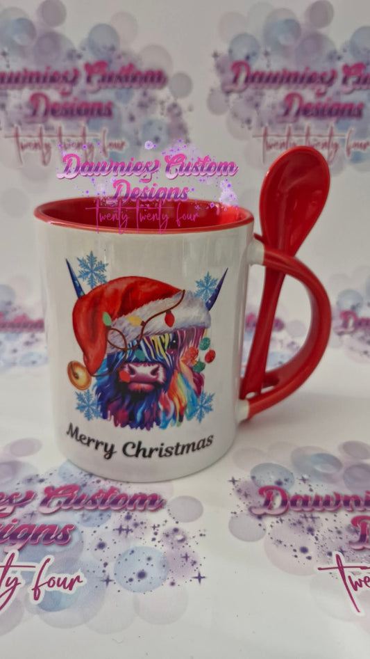 Colourful Highland Cow Christmas 11oz Mug with Spoon
