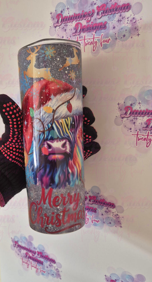 Christmas Themed 20oz Colourful Highland Cow Tumbler