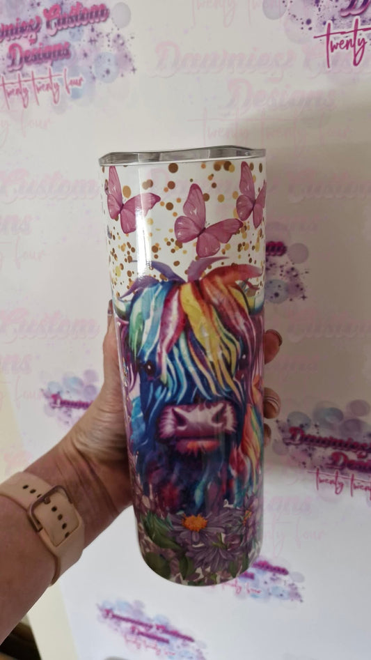 Purple Butterfly Highland Cow 20oz Tumbler